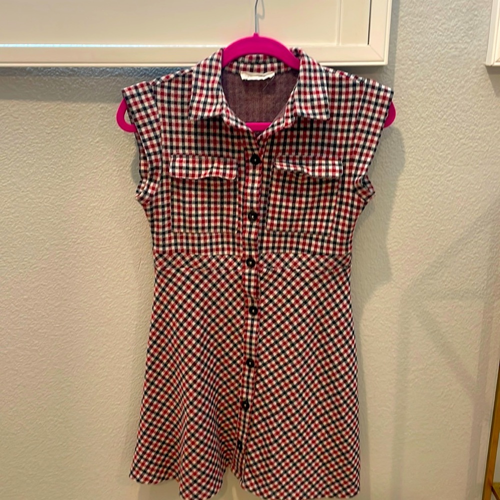Zara red, cream and navy plaid fit and flare dress.